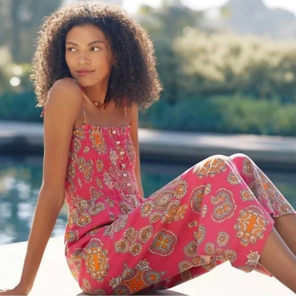 Anthropologie • HTF Maeve Smocked Paisley Jumpsuit romper pantsuit bright pink